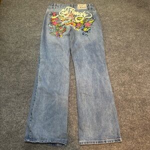 Ed Hardy Multi Tattoo Baggy Big Print Denim Jeans Size 28